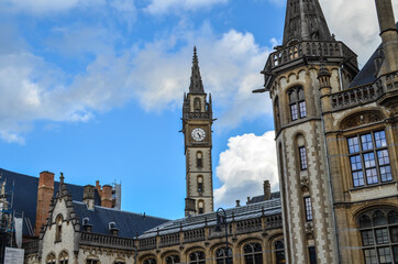 Stunning architecture in the center of Ghent,
Belgium. This part of the city has old buildings, castles and large churches.