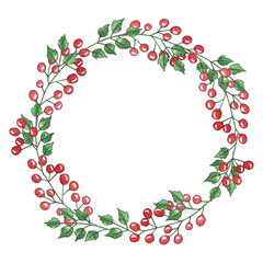 Round frame made of cherry tomatoes and leaves. Red vegetable wreath. Seasonal food illustration with red and green elements. Wreath with red berries