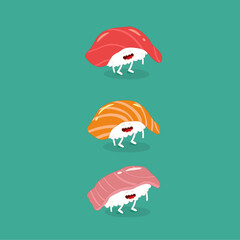 sushi salmon tuna seabass funny image. Vector illustration. - 364567914