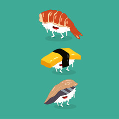 sushi shrimp egg mackrel funny image. Vector illustration. - 364567973