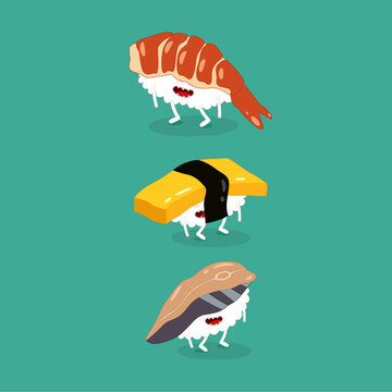 sushi shrimp egg mackrel funny image. Vector illustration.