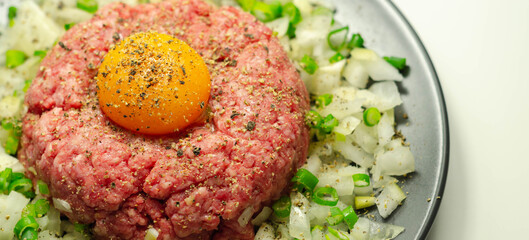 Beef steak tartare with raw egg yolk and onion with chive