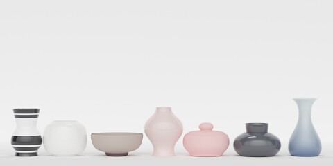 Ceramic colored vases and dishes with a shadow on a white background. 3d rendering