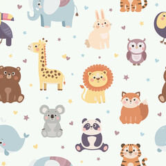 Vector seamless pattern with cute wild animals, colorful kids background - 364568349