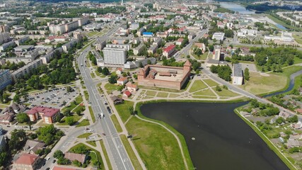 Aerial panorama of the historic city of Lida with a castle. Belarus.