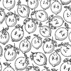 Character lemon background for design. Lemon seamless pattern. Hand drawn vector illustration. Cartoon style. Citrus lemon pattern illustration. Lemon packaging design. Cute food kawaii.