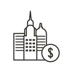 dollar coin and city buildings line style icon vector design