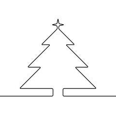 Continuous line drawing of christmas tree, Black and white vector minimalistic linear illustration made of one line