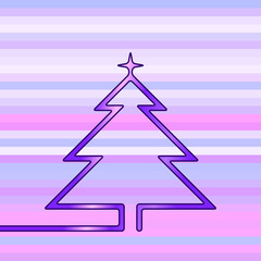 Neon christmas tree made of one continuous line on multicolored striped background, Vector illustration