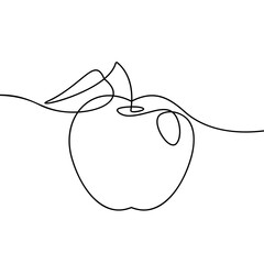 Apple continuous line drawing, Black and white vector minimalistic linear illustration made of one line