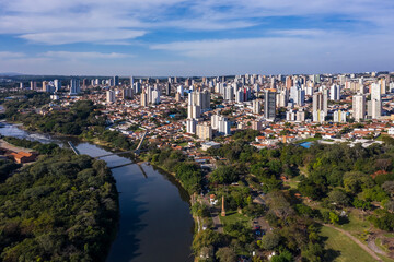 harbor square and cable-stayed bridge seen from above, Piracicaba, Sao paulo, Brazil