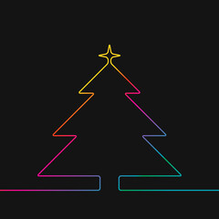 One line drawing of christmas tree, Rainbow colors on black background vector minimalistic linear illustration made of continuous line