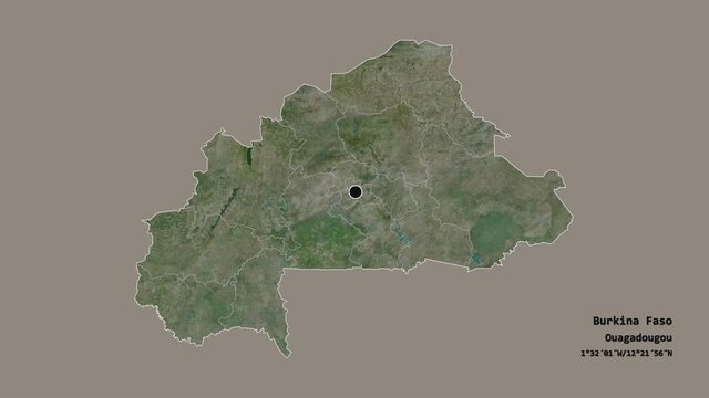 Sahel, region of Burkina Faso, with its capital, localized, outlined and zoomed with informative overlays on a satellite map in the Stereographic projection. Animation 3D