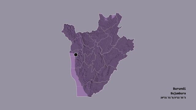 Bubanza, province of Burundi, with its capital, localized, outlined and zoomed with informative overlays on a administrative map in the Stereographic projection. Animation 3D