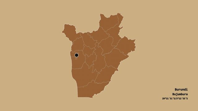 Bubanza, province of Burundi, with its capital, localized, outlined and zoomed with informative overlays on a solid patterned map in the Stereographic projection. Animation 3D