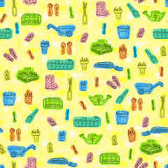 Spring seamless pattern with garden tools, seeds, greenhouse and seedlings. Background for gardening.