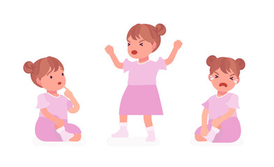 Toddler child, little girl expressing different emotions, crying in tears. Cute sweet happy and sad healthy baby aged 12 to 36 months wearing pretty pink dress. Vector flat style cartoon illustration