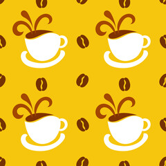 Coffee cups and beans yellow pattern.