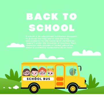 School bus with children. School is coming soon. Return to school. Poster for school. Vector illustration.