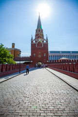 Built between 1495 and 1499, the Troitskaya Tower and Troitsky Footbridge overlook the Alexander Garden and provide entrance to the Kremlin in Moscow, Russia.