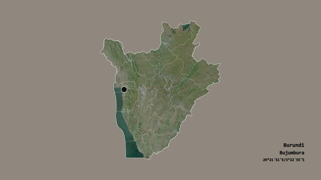 Bururi, province of Burundi, with its capital, localized, outlined and zoomed with informative overlays on a satellite map in the Stereographic projection. Animation 3D