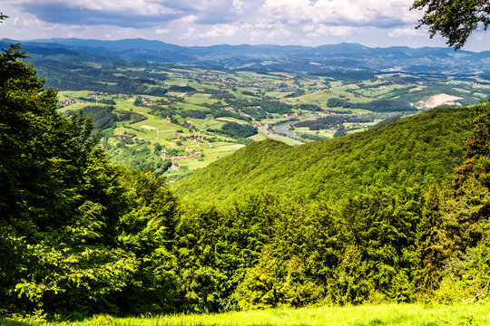View of Polish town Rytro from Beskidy Mountains (Beskid Sadecki). Beskid Sadecki is a part of Karpaty (Carpathian mountains). Europe