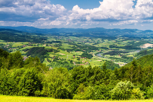 View of Polish town Rytro from Beskidy Mountains (Beskid Sadecki). Beskid Sadecki is a part of Karpaty (Carpathian mountains). Europe