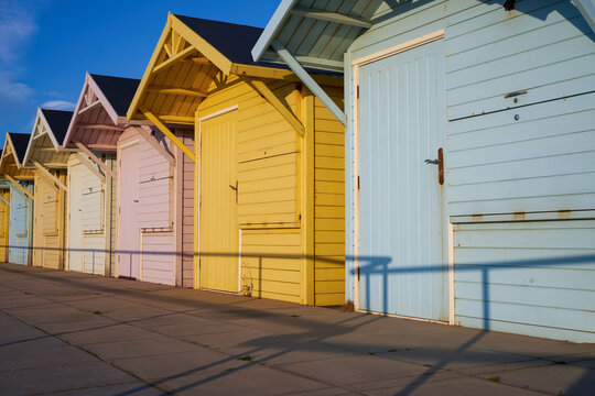 A line of beach huts on Fleetwood promenade.
