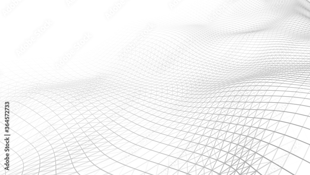 Poster Low poly shape with connecting black dots and lines on light background.Abstract polygonal white space background . Dynamic particles wave.Big data visualization 3D. Digital landscape.