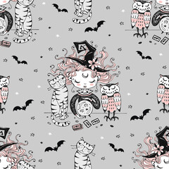 Seamless pattern with a Halloween theme with a little witch and her Pets. Vector.