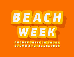 Vector holiday banner Beach Week with Yellow sticker Font. Sunny Alphabet Letters and Numbers