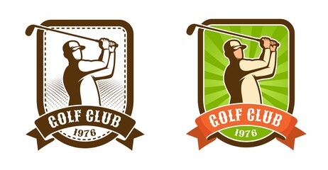 Golfer player with stick retro sport emblem. Golf club vintage badge. Vector illustration.