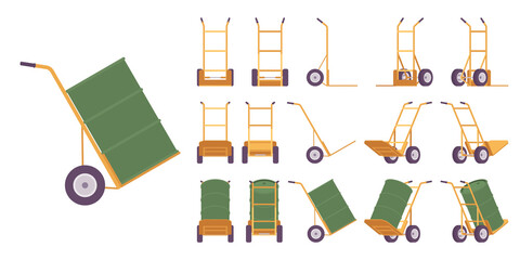 Hand truck yellow set. Equipment for manual moving boxes or unloading cargo, heavy lifting, easy transport and convenient storage. Vector flat style cartoon illustration, different views