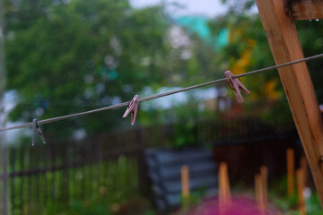 wet clothesline and clothespins. Empty rope