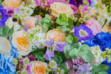 Colorful beautiful flowers bouquet at studio, flower shop - close up view. Floristry, romantic, holiday, birthday, valentine day, wedding, celebration concept