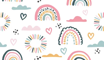 Behang Regenboog Naadloos vectorpatroon met hand getrokken regenbogen en zon. Trendy babytextuur