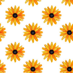 Simple seamless pattern with vintage yellow-orange flowers  on white background