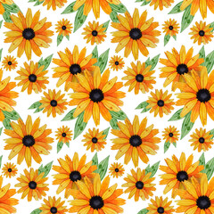 Seamless pattern with vintage yellow-orange flowers, green leaves on white background