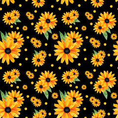 Seamless pattern with vintage yellow-orange flowers, green leaves and yellow polka dots on black background
