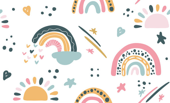 Seamless vector pattern with hand drawn rainbows and sun. Trendy baby texture