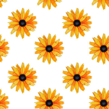 Simple seamless pattern with vintage yellow-orange flowers  on white background