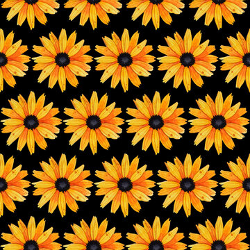 Seamless pattern with vintage yellow-orange flowers  on black background