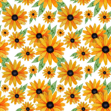 Seamless pattern with vintage yellow-orange flowers, green leaves on white background