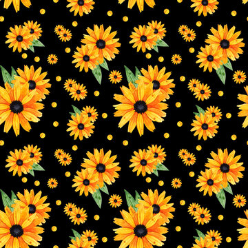 Seamless pattern with vintage yellow-orange flowers, green leaves and yellow polka dots on black background