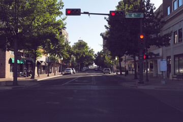 Street with traffic lights, city of Waco Texas USA.