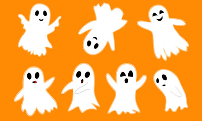 A set of figures of ghosts - smiling, sad, frightening. Design elements for Halloween
