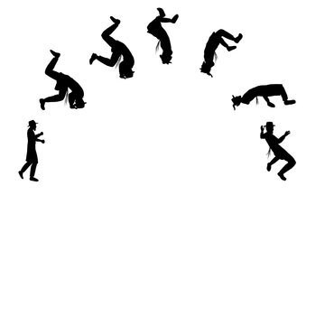 Seven black vector silhouettes of people, Hasidic Jews, Orthodox, doing a somersault.