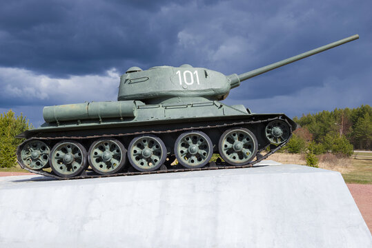 KIROVSK, RUSSIA - APRIL 26, 2020: Tank-monument T-34-85 on the Nevsky Patch under a stormy sky in April afternoon