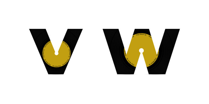 Abstract black vinyl disc modern alphabet font. Typography disco music letter design. Creative retro abc letter V, W. Vector illustraion