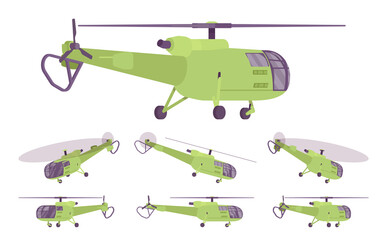 Helicopter set, rotary wing aircraft vehicle. Machine hovering, aerial observation, people, cargo transportation, firefighting, tourism. Vector flat style cartoon illustration, different views